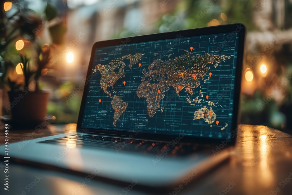 Poster laptop showing world map with pins highlighting global locations in cozy setting