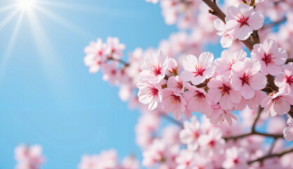 Cherry blossoms blooming under clear blue sky, spring beauty