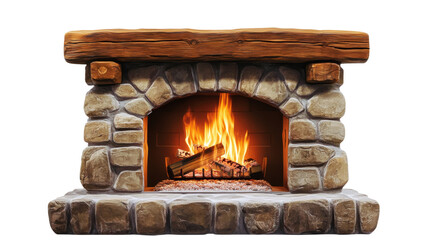 Stone fireplace burning with logs on transparent background