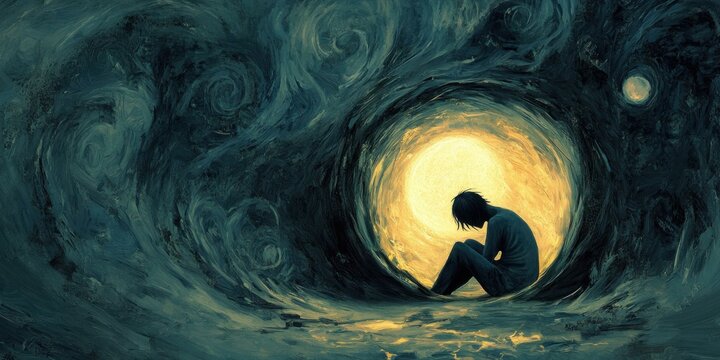 A contemplative figure sits in a dark, swirling environment, illuminated by a warm light, symbolizing introspection and emotional struggle.