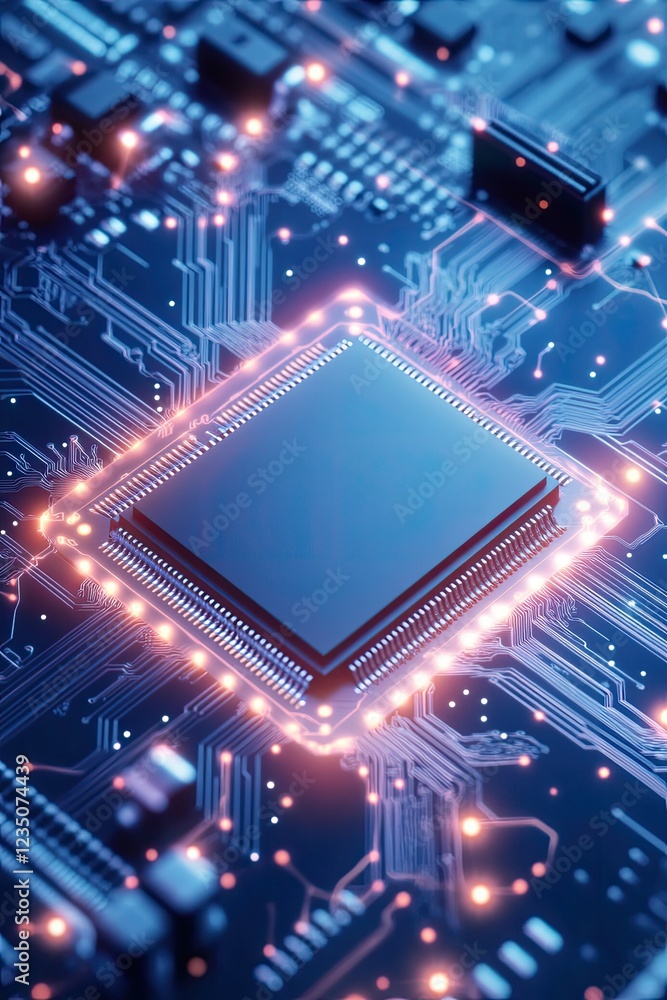 Poster creative macro shot of cpu chip with surreal glowing effects and abstract digital patterns surroundi