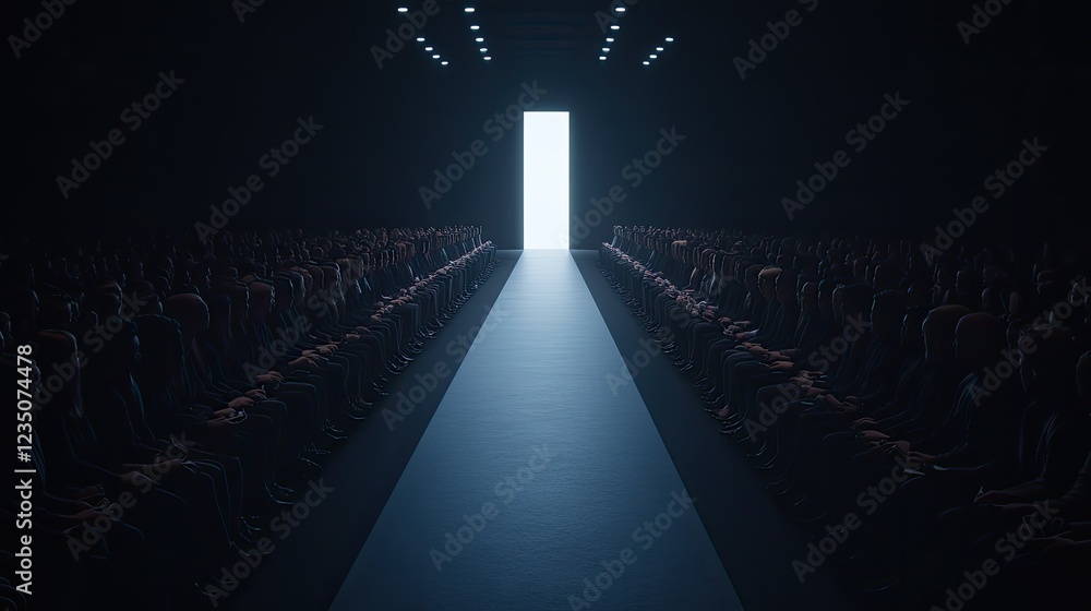 Poster creative overhead view of fashion show with rows of seated attendees framing runway and generous cop