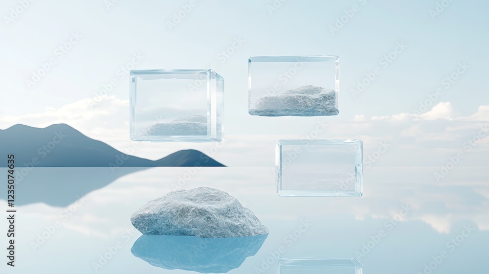 Poster creative rendering of translucent decorative stones encased within floating glass shapes with soft r