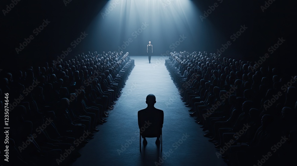 Poster creative overhead view of fashion show with rows of seated attendees framing runway and generous cop