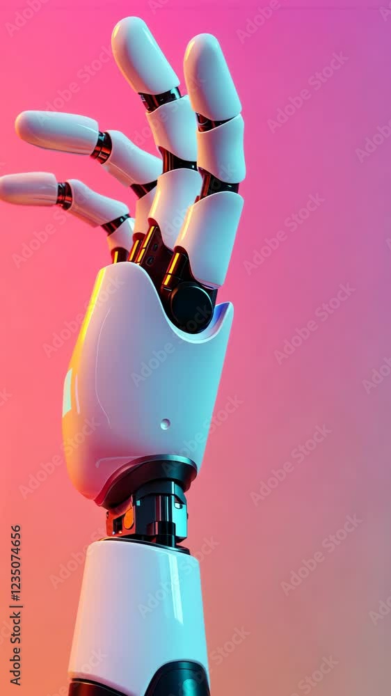 Poster advanced robotic hand model against a colorful gradient background showcasing technology and innovat