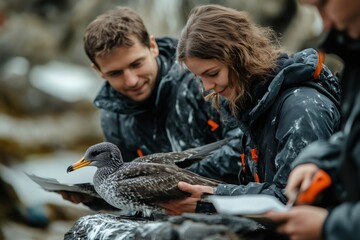 Biologists examining a cory's shearwater during fieldwork in antarctica