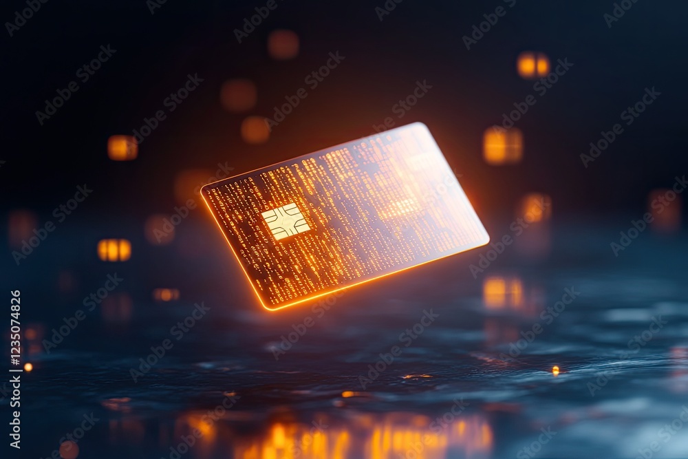 Poster creative scene of floating bank card glowing in dark room with binary codes swirling around it symbo