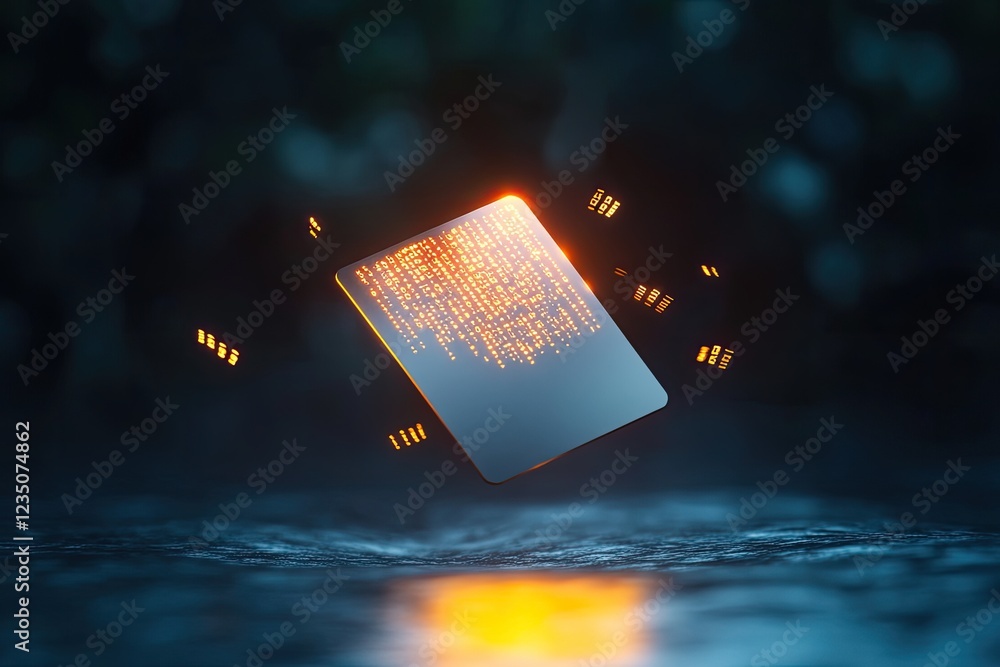 Poster creative scene of floating bank card glowing in dark room with binary codes swirling around it symbo