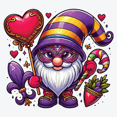 Obraz premium Mardi Gras Gnomes with mask, fleur de lis, and a heart stock illustration