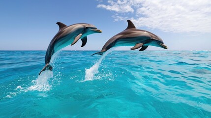 Obraz premium Two Playful Dolphins Leaping Together Above Turquoise Water in a Stunning Marine Scene
