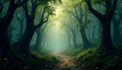 Fondo de bosque precioso con rayos de Sol a través de las hojas de los árboles