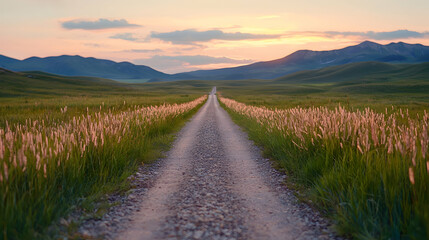 Naklejka premium Sunset road through grassy plains, mountains background, travel photography