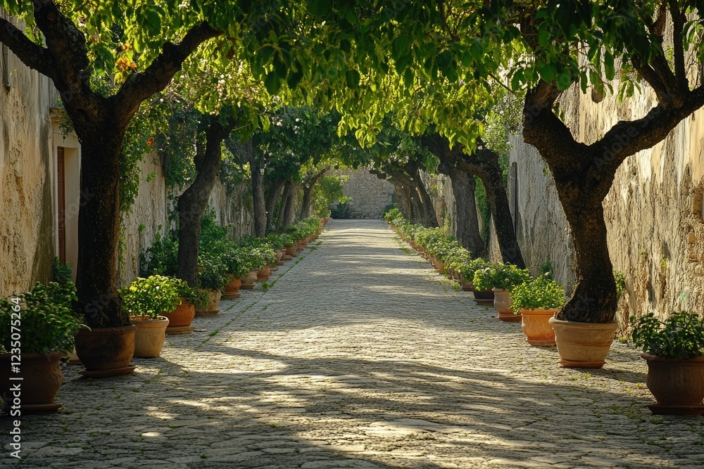 Poster cobblestone alley with potted plants and trees creating a tunnel effect