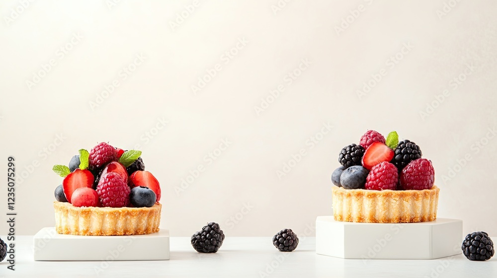 Poster detailed image of colorful fruit tart captured from above surrounded by soft shadows and ample copy 