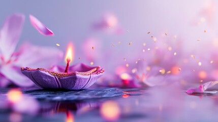 A lit candle in a purple diya surrounded by flower petals and golden sparkles.