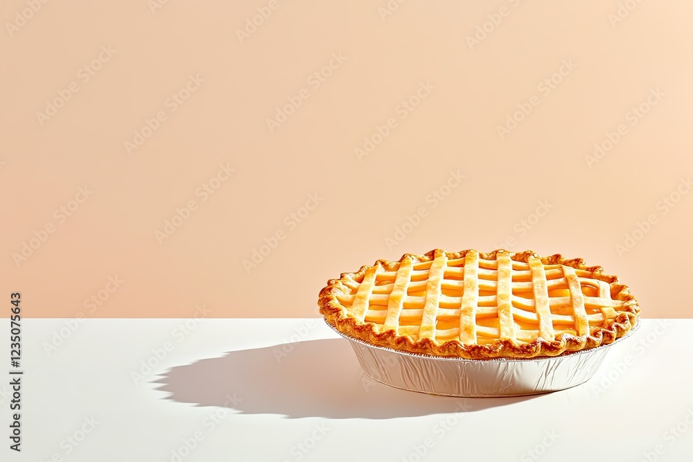 Poster detailed rendering of decorative pie with intricate lattice work placed on clean white table with wi