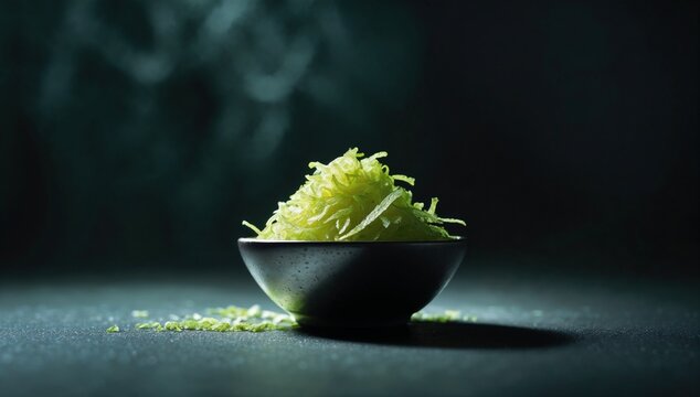 Freshly grated lime zest in a dark bowl with dramatic lighting