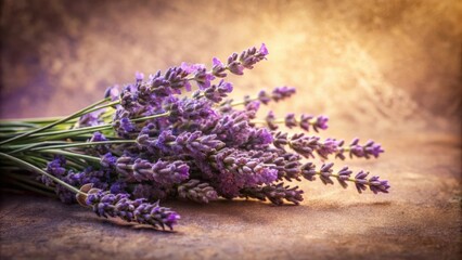 A bouquet of lavender blossoms with purple hues, arranged on a rustic brown surface, creating a calming and aromatic scene.