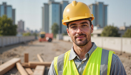 Construction worker smiling on job site with buildings in background