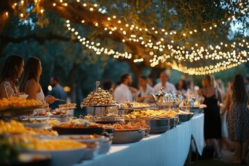 Guests enjoying buffet at outdoor evening party with string lights