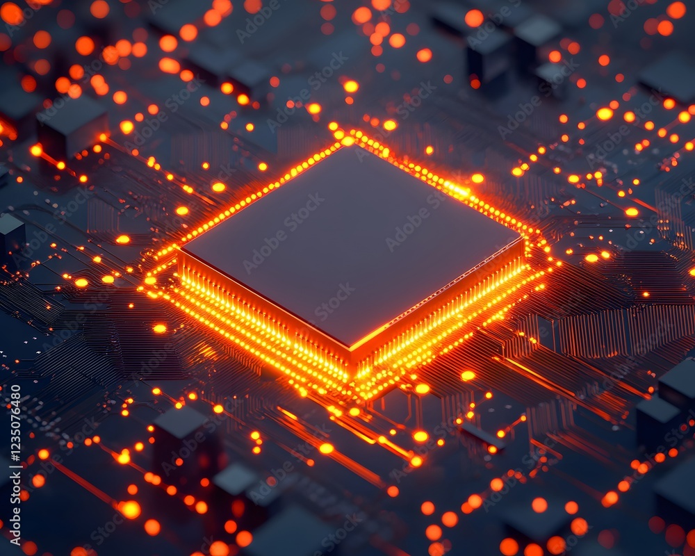 Poster a close-up view of a glowing computer chip on a circuit board, highlighting the intricate design and