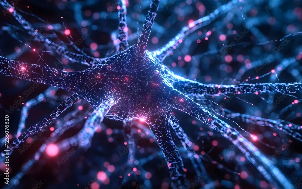 Poster a detailed visualization of a neuron, showcasing intricate connections and vibrant colors. this imag