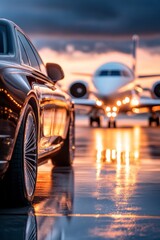 Obraz premium Luxury car and private jet at sunset, a symbol of success and travel.