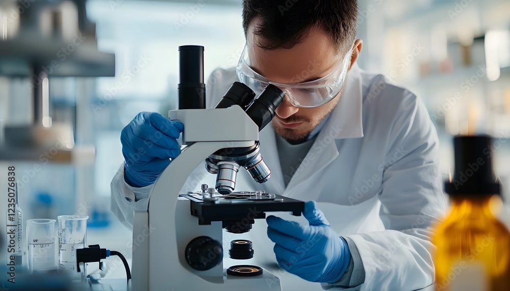 Poster a focused scientist in a laboratory setting examines specimens under a microscope, showcasing dedica