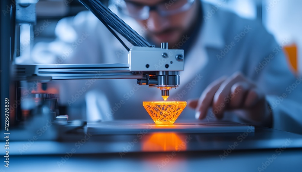 Poster a focused scientist operates a 3d printer, creating a glowing orange design in a modern laboratory