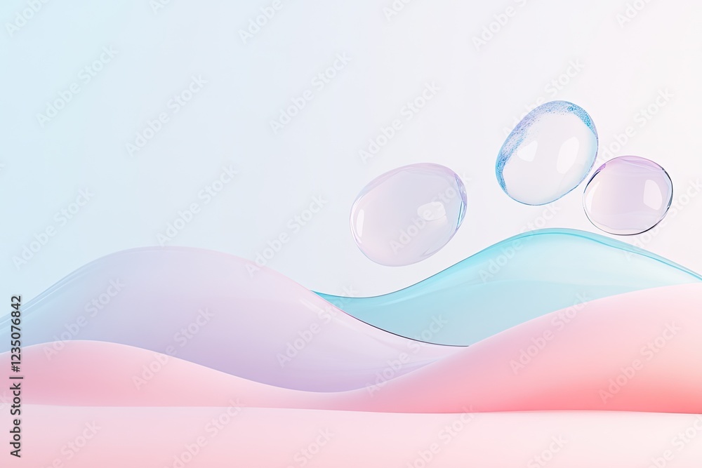 Poster dynamic 3d abstract composition of decorative stones suspended in colorful fluid-like pattern with s