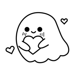 Cute cartoon ghost holding a heart, with rosy cheeks and smiling face, surrounded by hearts. Halloween. Love. Spooky affection. Valentine's Day. Cute ghost. Heartwarming Halloween concept. 



