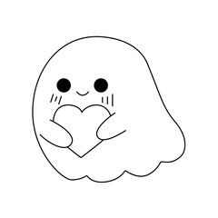 Cartoon ghost with a heart, rosy cheeks, and two small hearts floating nearby. Love. Spooky charm. Halloween affection. Valentine's Day icon. Halloween spirit. Heartwarming ghost character.



