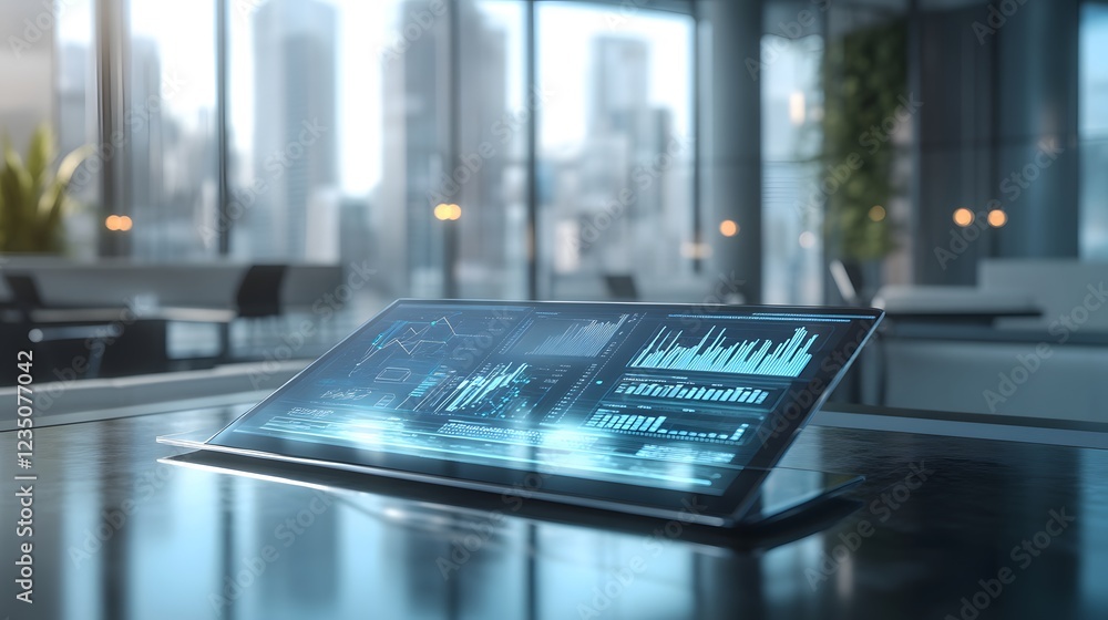 Poster a futuristic touchscreen tablet displaying data analytics in a sleek modern office environment with 