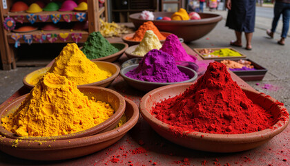 Vibrant Holi powders in clay bowls at outdoor market, festive celebration