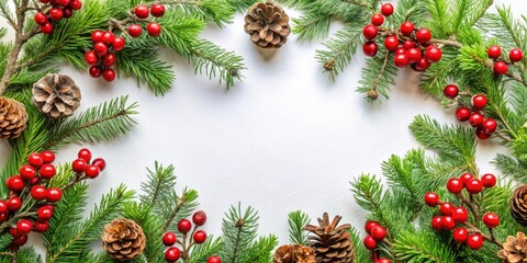 A festive frame of evergreen branches, red berries and pine cones on a white background.