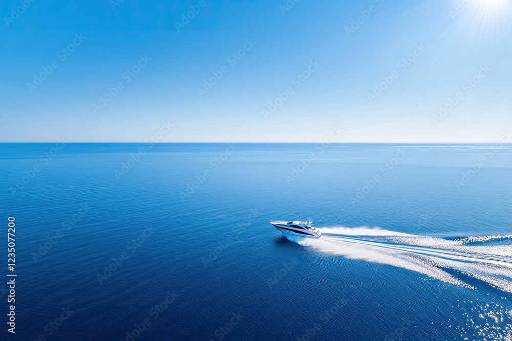 Aufkleber dynamic drone shot of motorboat creating symmetrical wake patterns in ocean illuminated by bright su