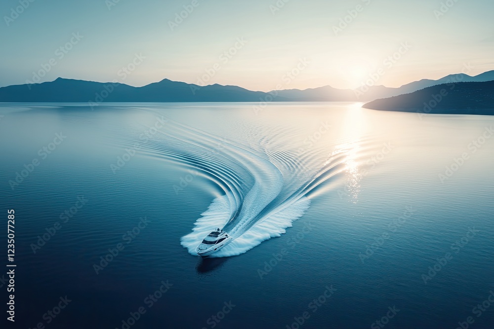 Aufkleber dynamic drone shot of motorboat creating symmetrical wake patterns in ocean illuminated by bright su