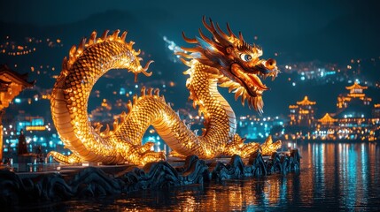Obraz premium Illuminated dragon sculpture by a waterfront at night, showcasing cultural art.