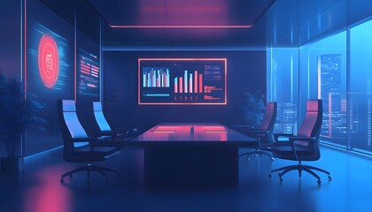 A modern conference room featuring high-tech visual displays and a sleek design, perfect for business meetings and presentations in a corporate environment.