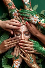 Harmonious unity: Hands adorned with nature's beauty embrace a face painted with delicate patterns.