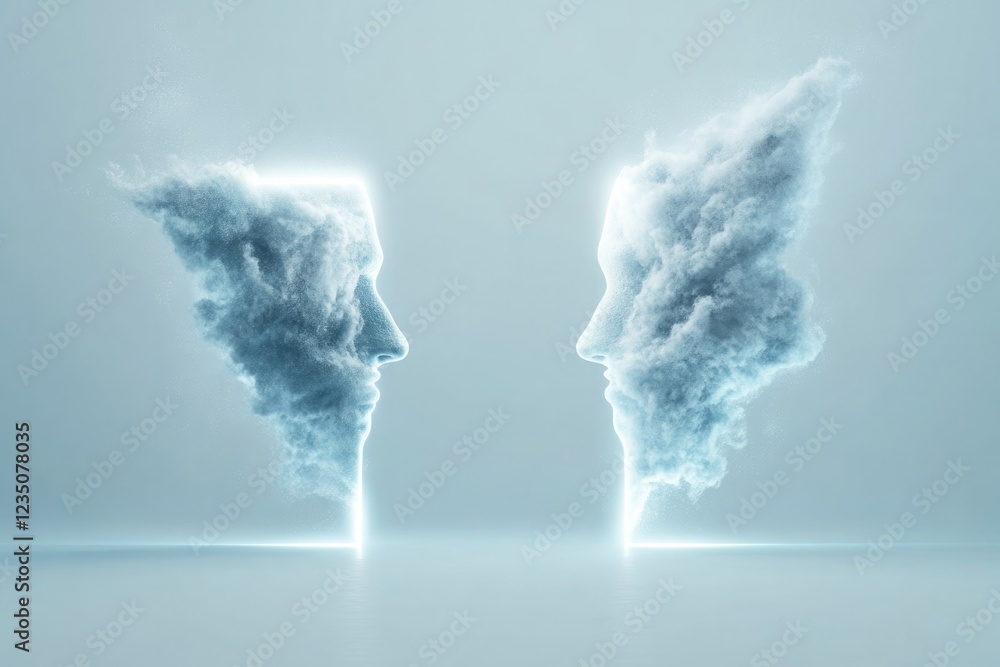 Poster dynamic view of two abstract forms colliding and blending with glowing edges symbolizing through con