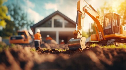 Construction site: excavator working on new home foundation.