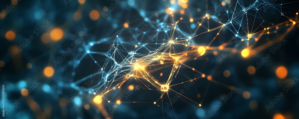 Poster a vibrant abstract representation of networks and connections, showcasing glowing nodes and intricat