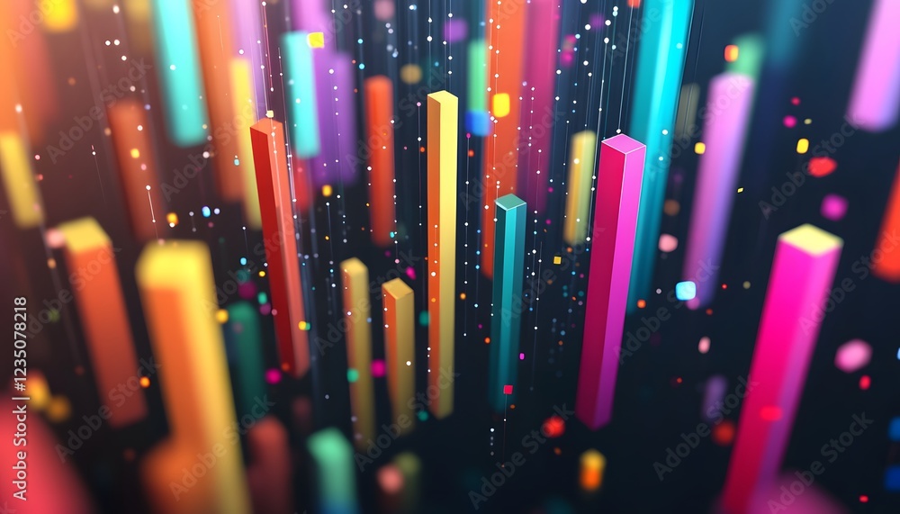 Poster a vibrant abstract visualization featuring colorful vertical bars and glowing particles on a dark ba