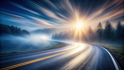 Naklejka premium A winding road through a misty forest, bathed in the golden rays of the rising sun, creating a sense of tranquility and adventure