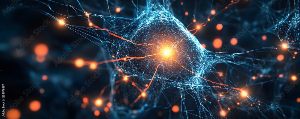 Poster an abstract depiction of a neuron and its connections, showcasing intricate details of neural pathwa