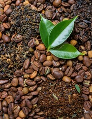 Fototapeta premium una mezcla de granos de cafe tostados con hojas de té e infusión
