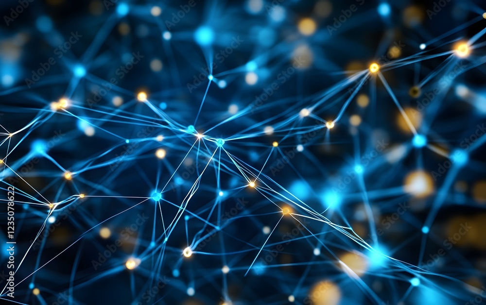 Poster an abstract view of a digital network with illuminated nodes and connecting lines. this image repres