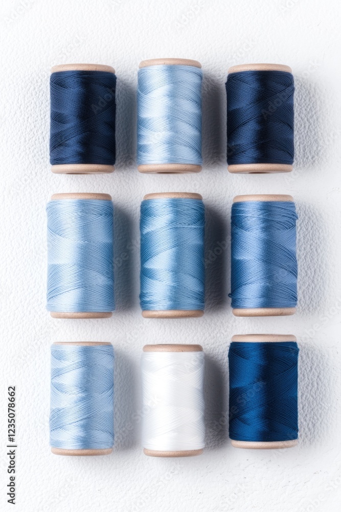 Poster flat lay of spools of thread in various shades of blue arranged neatly on white textured surface