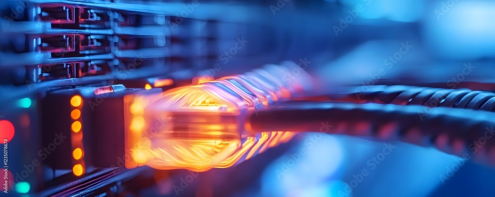 Poster close-up of a network cable connecting to a server, showcasing illuminated ports. the image highligh